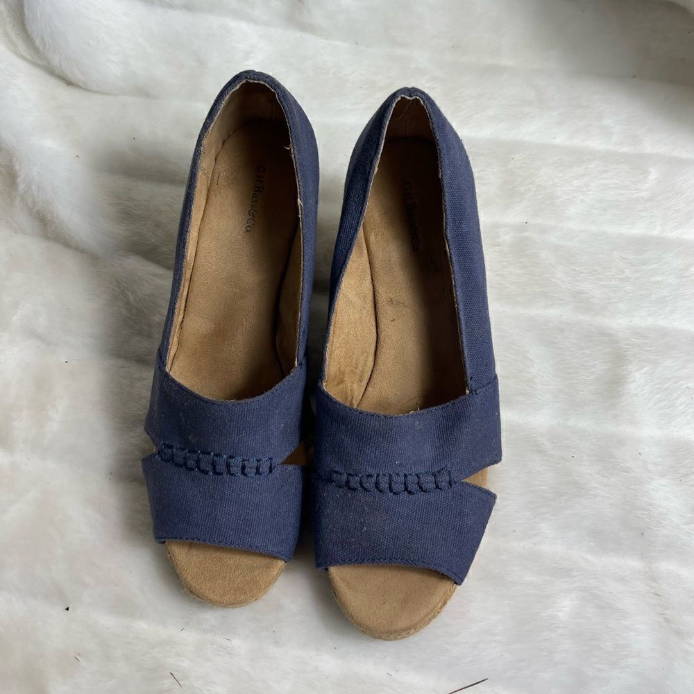 G.H Bass & Co Navy Blue denim wedge espadrilles slip on peep toe SZ 9.5M